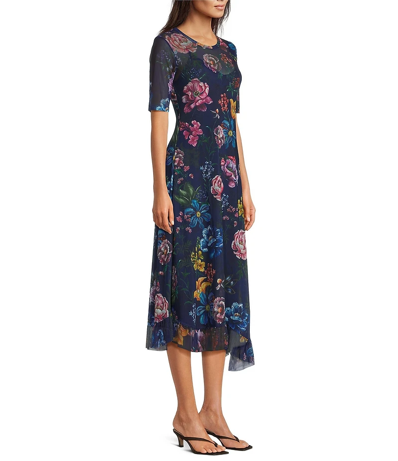 JOHNNY WAS Floral Print Mesh Crew Neck Short Sleeve Asymmetric Hem Midi Dress