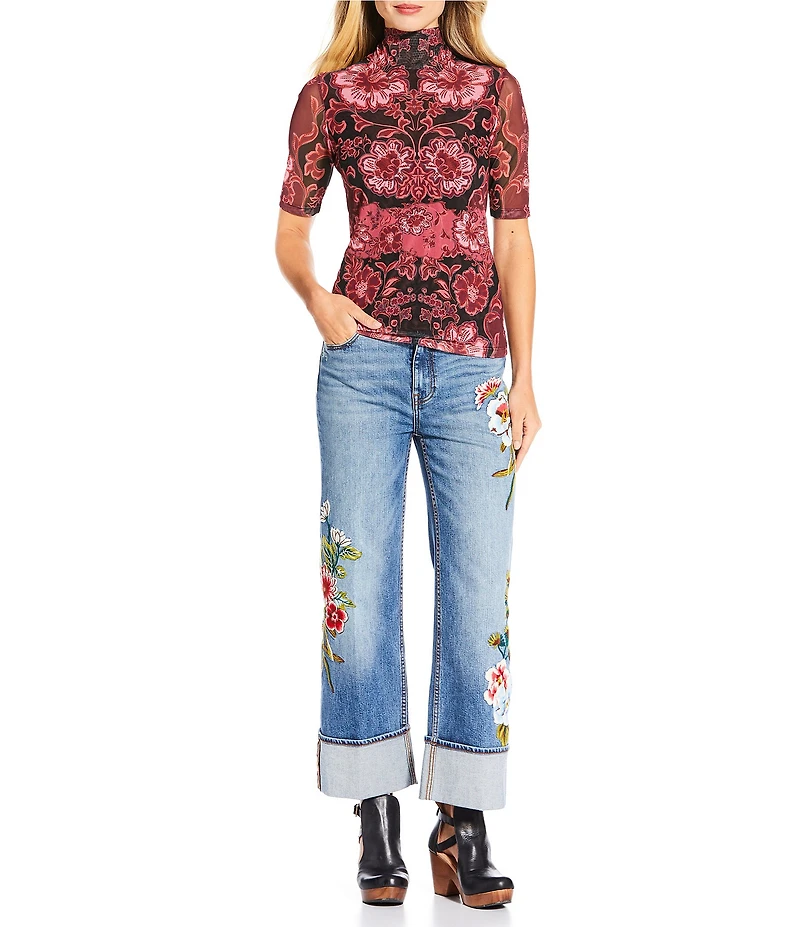 JOHNNY WAS Floral Print Mesh Knit Mock Neck Elbow Sleeve Top