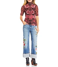 JOHNNY WAS Floral Print Mesh Knit Mock Neck Elbow Sleeve Top