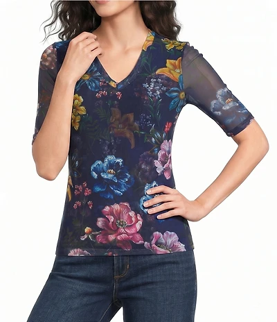 JOHNNY WAS Floral Print Mesh V-Neck Short Sleeve Top