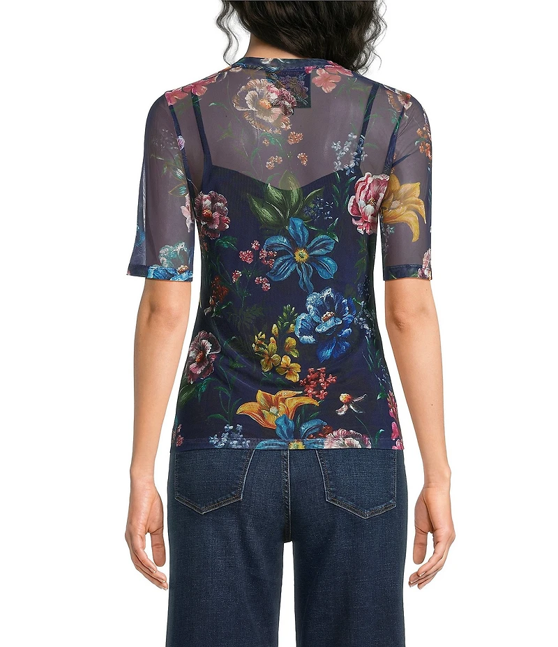 JOHNNY WAS Floral Print Mesh V-Neck Short Sleeve Top