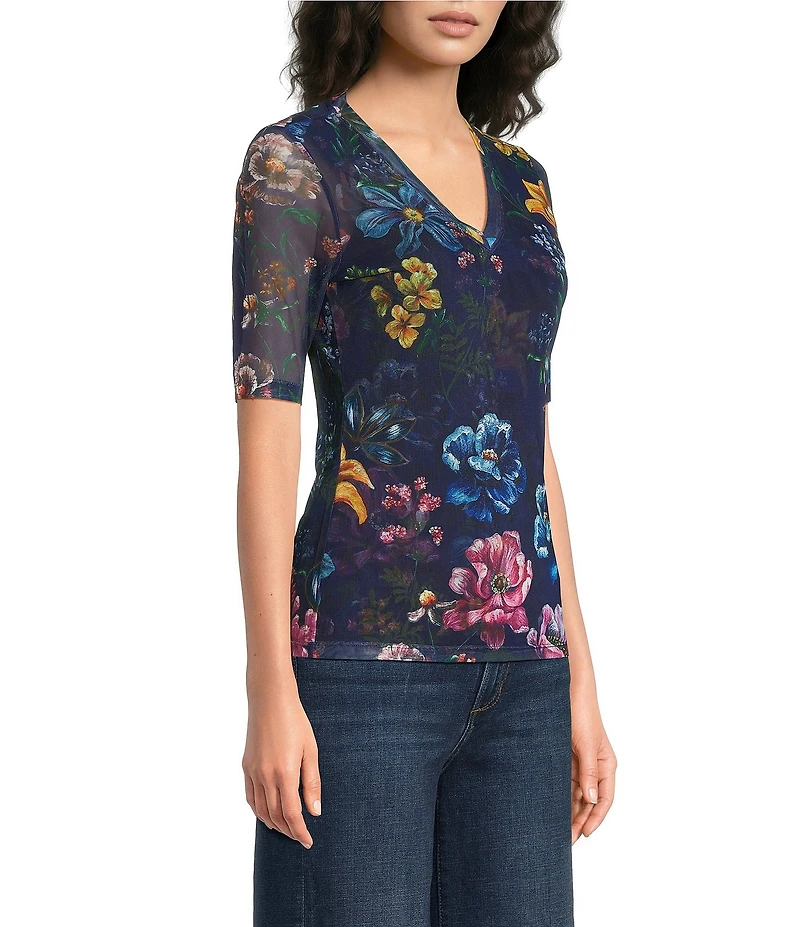 JOHNNY WAS Floral Print Mesh V-Neck Short Sleeve Top