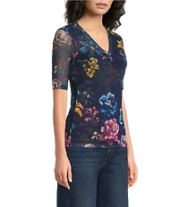 JOHNNY WAS Floral Print Mesh V-Neck Short Sleeve Top