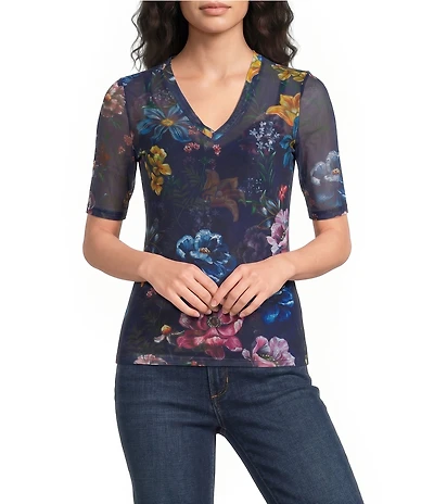JOHNNY WAS Floral Print Mesh V-Neck Short Sleeve Top