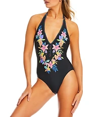 JOHNNY WAS Floral Scabiosa Halter One Piece Swimsuit