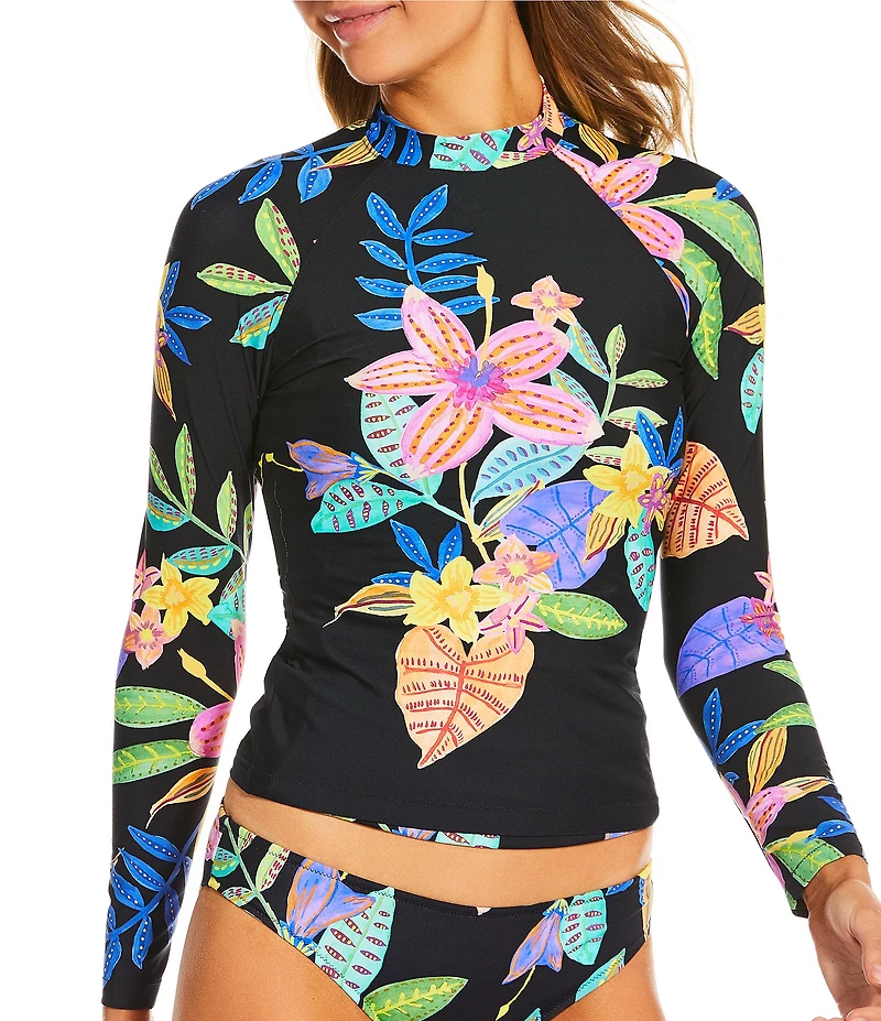 JOHNNY WAS Floral Scabiosa Long Sleeve Rashguard Swim Top