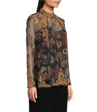JOHNNY WAS Francisca Floral Mesh Mock Neck Long Sleeve Blouse