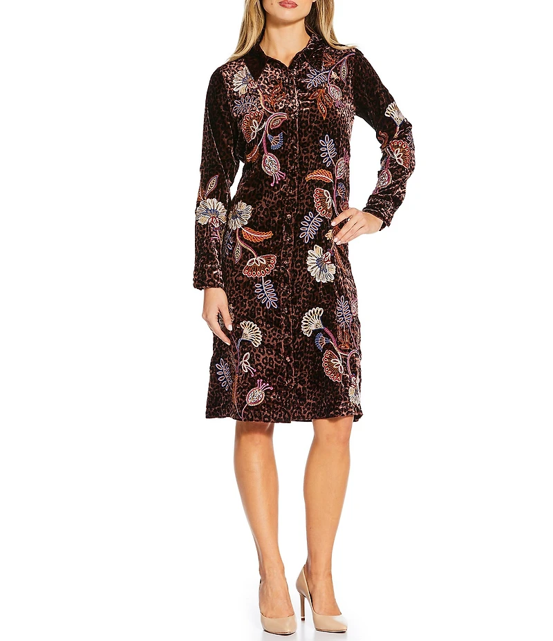 JOHNNY WAS Gineva Leopard Print Floral Embroidered Velvet Point Collar Long Sleeve Button Front Midi Shirt Dress