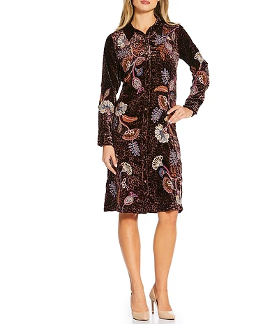 JOHNNY WAS Gineva Leopard Print Floral Embroidered Velvet Point Collar Long Sleeve Button Front Midi Shirt Dress