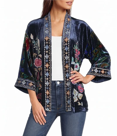 JOHNNY WAS Isolei Embroidered Floral Print 3/4 Sleeve Open-Front Short Kimono Jacket