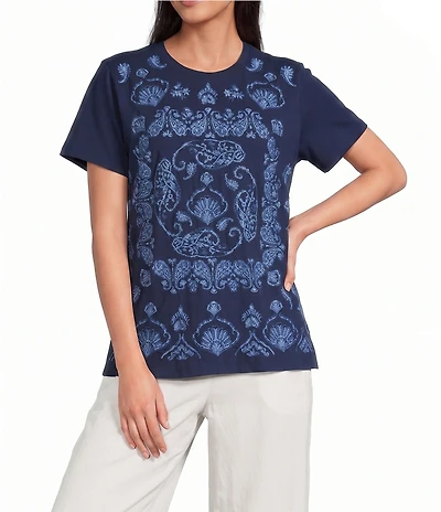 JOHNNY WAS Jaden Paisley Medallion Tonal Embroidery Knit Jersey Crew Neck Short Sleeve Tee