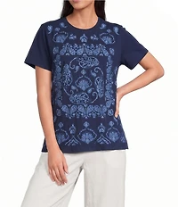 JOHNNY WAS Jaden Paisley Medallion Tonal Embroidery Knit Jersey Crew Neck Short Sleeve Tee