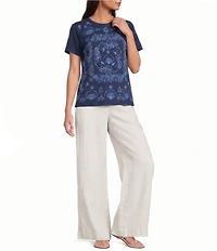 JOHNNY WAS Jaden Paisley Medallion Tonal Embroidery Knit Jersey Crew Neck Short Sleeve Tee