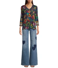 JOHNNY WAS Janie Favorite Farout Floral Scarf Print Bamboo Knit V-Neck 3/4 Sleeve Tee