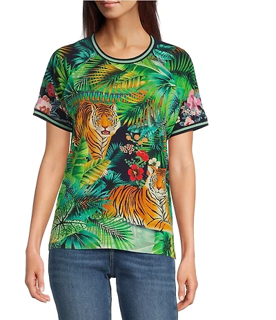 JOHNNY WAS Janie Favorite Knit Tiger Print Crew Neck Short Sleeve Tee