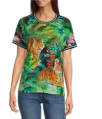JOHNNY WAS Janie Favorite Knit Tiger Print Crew Neck Short Sleeve Tee
