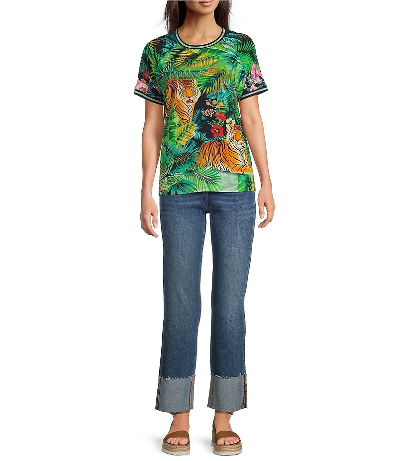 JOHNNY WAS Janie Favorite Knit Tiger Print Crew Neck Short Sleeve Tee