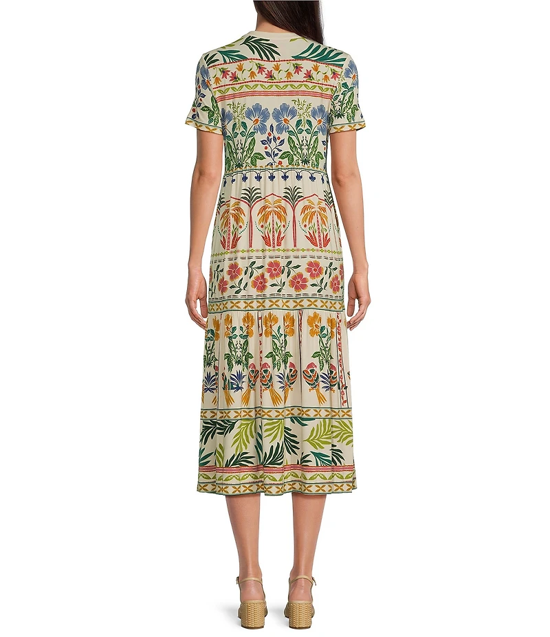 JOHNNY WAS Janie Favorite Mixed Floral Printed Knit Henley Neck Short Sleeve Tiered Midi Dress