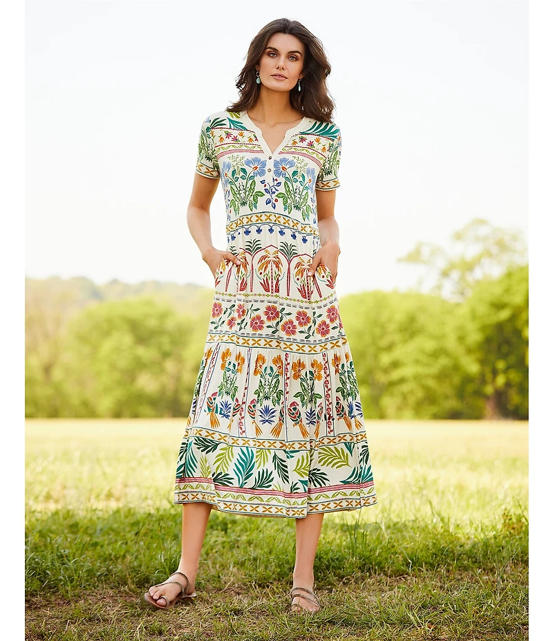 JOHNNY WAS Janie Favorite Mixed Floral Printed Knit Henley Neck Short Sleeve Tiered Midi Dress