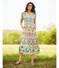 JOHNNY WAS Janie Favorite Mixed Floral Printed Knit Henley Neck Short Sleeve Tiered Midi Dress