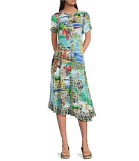 JOHNNY WAS Janie Favorite Scenic Print Knit Crew Neck Short Sleeve Asymmetrical Hem Midi Dress