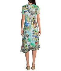 JOHNNY WAS Janie Favorite Scenic Print Knit Crew Neck Short Sleeve Asymmetrical Hem Midi Dress