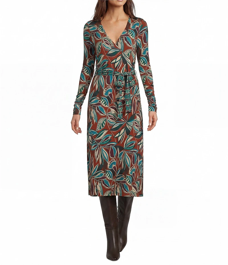 JOHNNY WAS Janine Favorite Botanical Floral Print Deep V-Neck Long Sleeve Ruched Wrap Dress