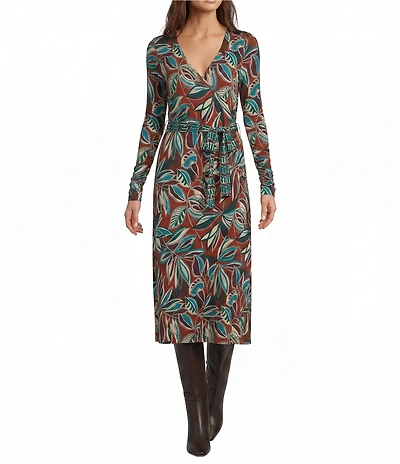 JOHNNY WAS Janine Favorite Botanical Floral Print Deep V-Neck Long Sleeve Ruched Wrap Dress