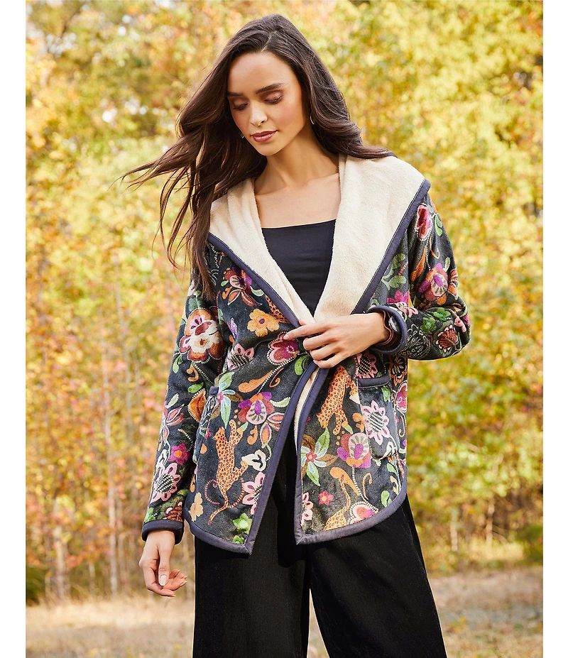 JOHNNY WAS Joan Reversible Floral Printed Sherpa Long Sleeve Hooded Jacket