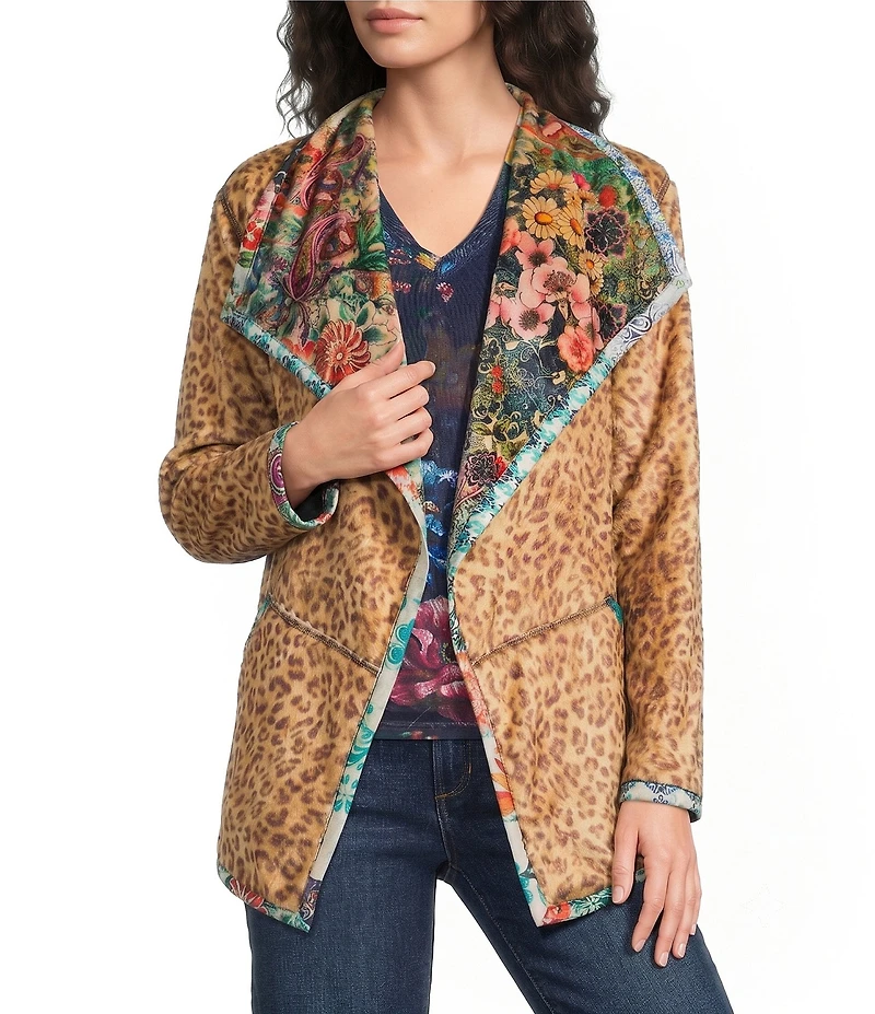 JOHNNY WAS Joan Reversible Print Cascading Collar Long Sleeve Open-Front Sherpa Knit Jacket