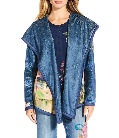 JOHNNY WAS Joan Reversible Print To Solid Sherpa Knit Shawl Collar Long Sleeve Open-Front Hooded Jacket