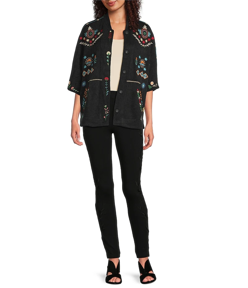 JOHNNY WAS Josiy Embroidered Rib Knit V-Neck 3/4 Sleeve Snap-Front Poncho Jacket