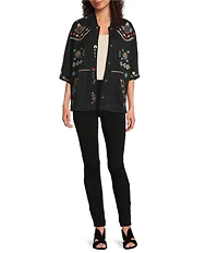 JOHNNY WAS Josiy Embroidered Rib Knit V-Neck 3/4 Sleeve Snap-Front Poncho Jacket