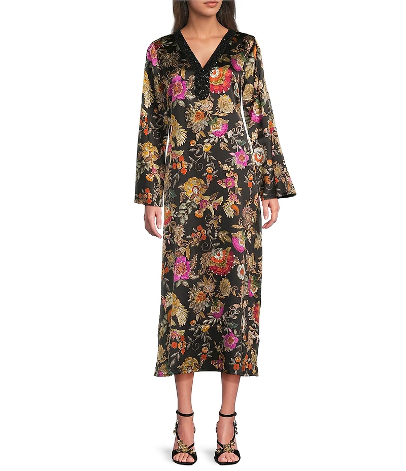 JOHNNY WAS Judith Floral Printed Silk-Blend Sequin V-Neck Long Sleeve Maxi Dress