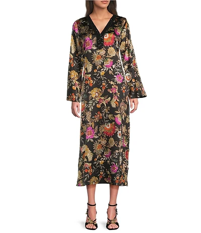 JOHNNY WAS Judith Floral Printed Silk-Blend Sequin V-Neck Long Sleeve Maxi Dress