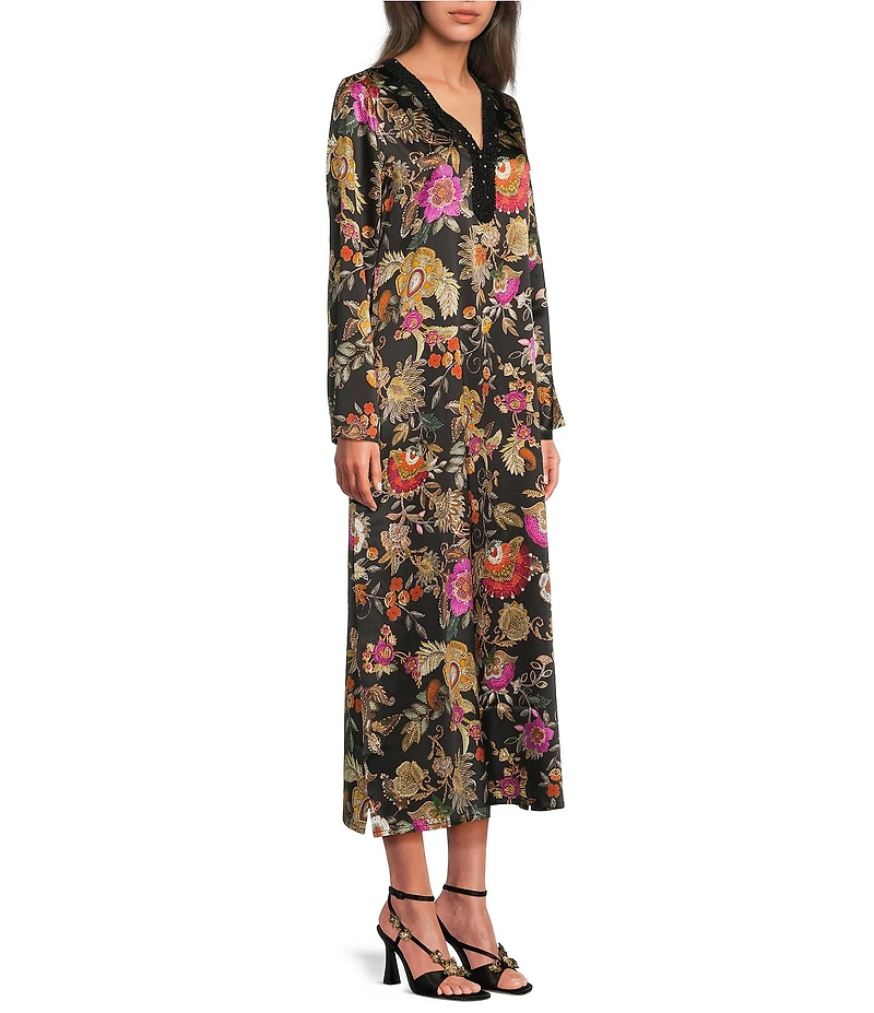 JOHNNY WAS Judith Floral Printed Silk-Blend Sequin V-Neck Long Sleeve Maxi Dress