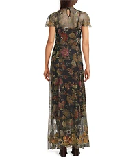 JOHNNY WAS Kaimarie Embroidered Mesh Floral Print Mock Neck Flutter Cap Sleeve A-Line Maxi Dress