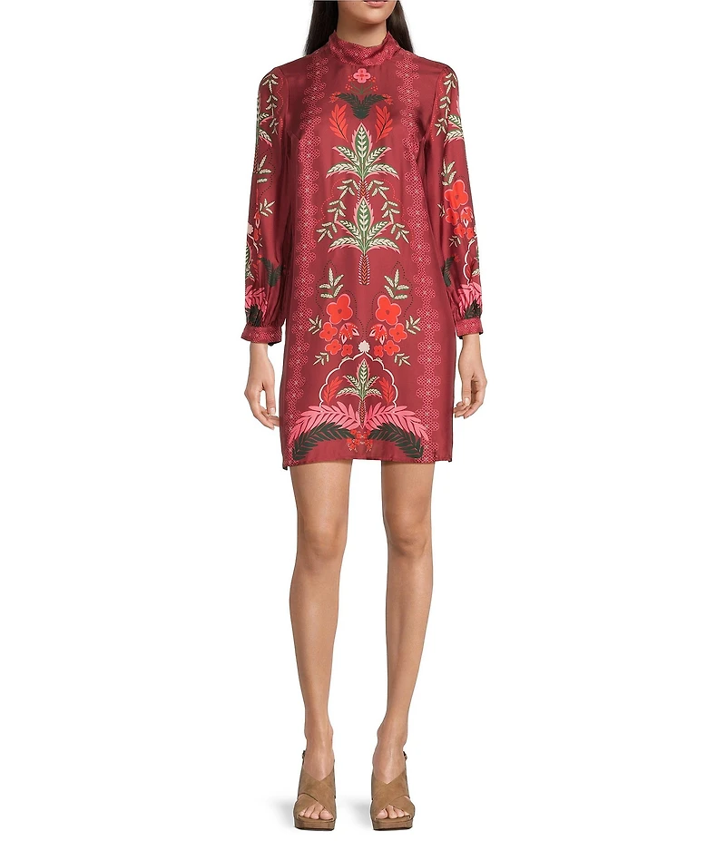 JOHNNY WAS Kalova Floral Placement Print Silk-Blend Mock Neck Long Sleeve Shift Dress