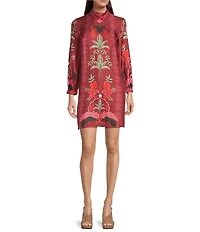 JOHNNY WAS Kalova Floral Placement Print Silk-Blend Mock Neck Long Sleeve Shift Dress