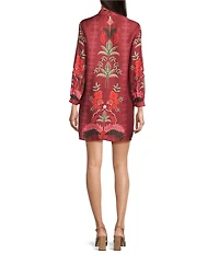 JOHNNY WAS Kalova Floral Placement Print Silk-Blend Mock Neck Long Sleeve Shift Dress