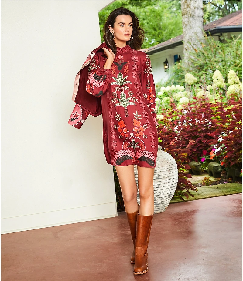 JOHNNY WAS Kalova Floral Placement Print Silk-Blend Mock Neck Long Sleeve Shift Dress