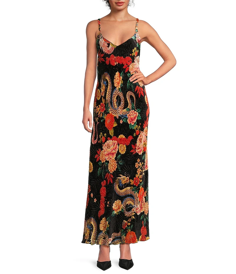 JOHNNY WAS Kanako Floral & Dragon Print Burnout Velvet V-Neck Maxi Slip Dress