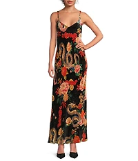 JOHNNY WAS Kanako Floral & Dragon Print Burnout Velvet V-Neck Maxi Slip Dress