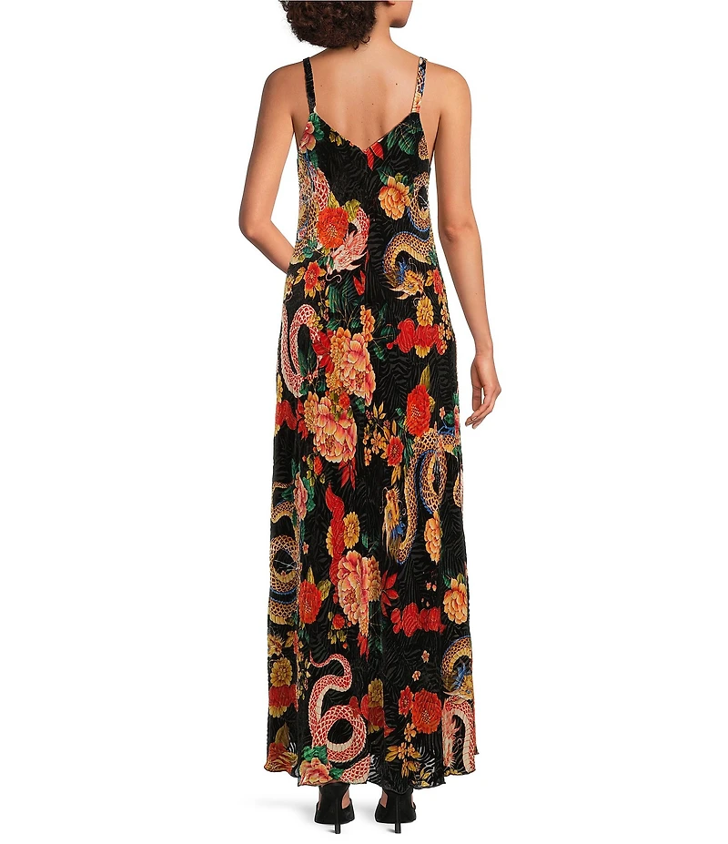JOHNNY WAS Kanako Floral & Dragon Print Burnout Velvet V-Neck Maxi Slip Dress