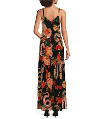 JOHNNY WAS Kanako Floral & Dragon Print Burnout Velvet V-Neck Maxi Slip Dress