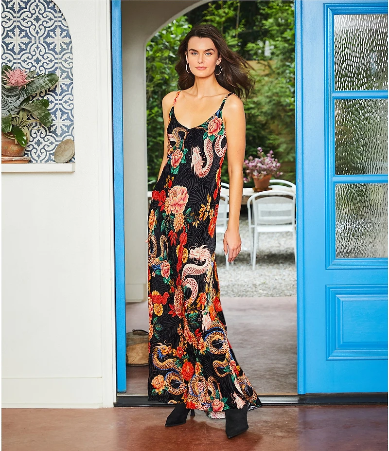JOHNNY WAS Kanako Floral & Dragon Print Burnout Velvet V-Neck Maxi Slip Dress