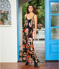 JOHNNY WAS Kanako Floral & Dragon Print Burnout Velvet V-Neck Maxi Slip Dress