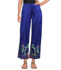 JOHNNY WAS Lauchlen Placement Floral Print Stretch Silk Flat Front Wide Leg Pants