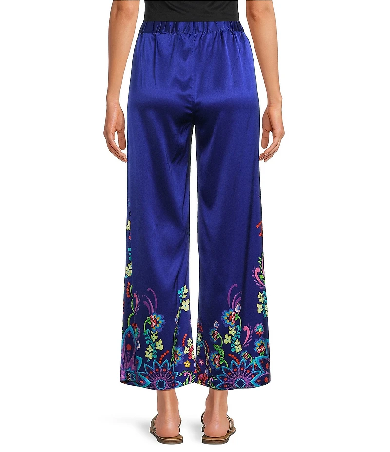 JOHNNY WAS Lauchlen Placement Floral Print Stretch Silk Flat Front Wide Leg Pants