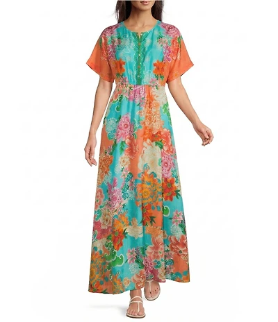 JOHNNY WAS Lia Edenia Scarf Print V-Neck Short Flutter Sleeve Maxi Dress